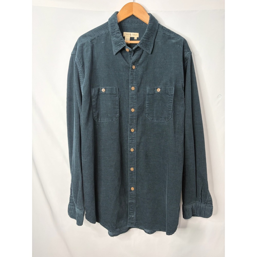 VTG Territory Ahead Mens XLT Teal Green Waffle Corduroy Button Down Shirt Cotton